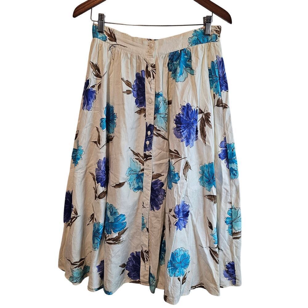 Vintage Floral Skirt Women Large White Blue 90s Coquette Prairie Full Cottage